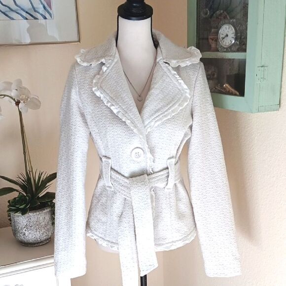 Me Jane Jackets & Blazers - Me Jane Textured Cream Blazer with Belt. Feminine. Soft Girl